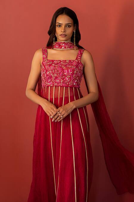 17:17 By Simmi Saboo Pink Chiffon Embroidery, Cut Work Square Neck Bubbletea Anarkali Pant Set Online at Aza Fashions 17:17 By Simmi Saboo_Pink Chiffon Embroidery, Cut Work Square Neck Bubbletea Anarkali Pant Set _Online_at_Aza_Fashions