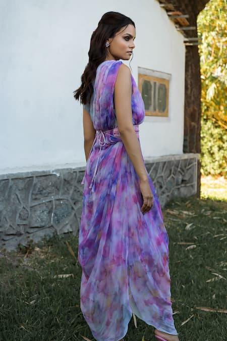 Shop 17:17 By Simmi Saboo Purple Chiffon One Shoulder Cherry Barb Cowl Dress With Inner at Aza Fashions Shop_17:17 By Simmi Saboo_Purple Chiffon One Shoulder Cherry Barb Cowl Dress With Inner _at_Aza_Fashions