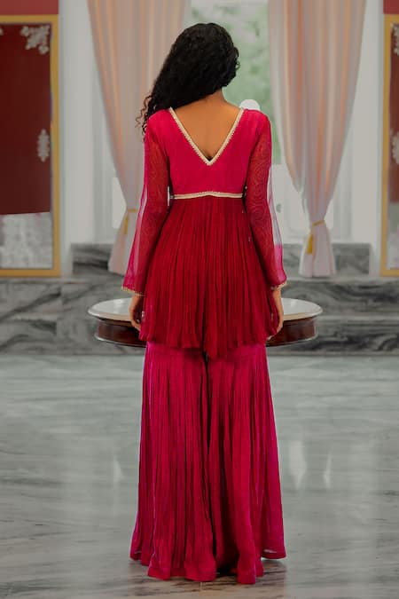 Shop 17:17 By Simmi Saboo Pink Muslin Embroidery, Lace V-neck Crystal Peplum Top And Pant Set at Aza Fashions Shop_17:17 By Simmi Saboo_Pink Muslin Embroidery, Lace V-neck Crystal Peplum Top And Pant Set _at_Aza_Fashions