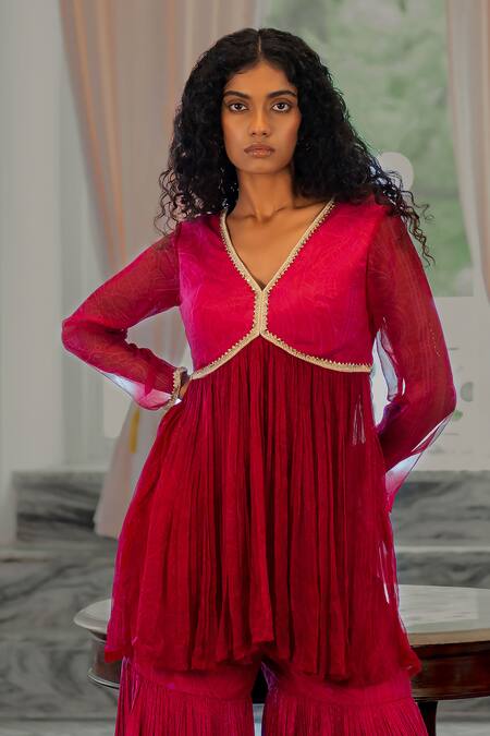 Buy 17:17 By Simmi Saboo Pink Muslin Embroidery, Lace V-neck Crystal Peplum Top And Pant Set Online at Aza Fashions Buy_17:17 By Simmi Saboo_Pink Muslin Embroidery, Lace V-neck Crystal Peplum Top And Pant Set _Online_at_Aza_Fashions