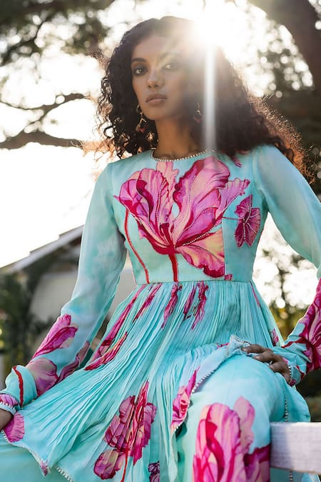 Shop 17:17 By Simmi Saboo Blue Muslin Round Neck Dimah Peplum Top And Gharara Set Online at Aza Fashions Shop_17:17 By Simmi Saboo_Blue Muslin Round Neck Dimah Peplum Top And Gharara Set _Online_at_Aza_Fashions