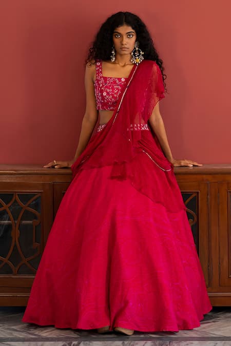 17:17 By Simmi Saboo Pink Muslin Embroidery Square Neck Finley Lehenga Set 