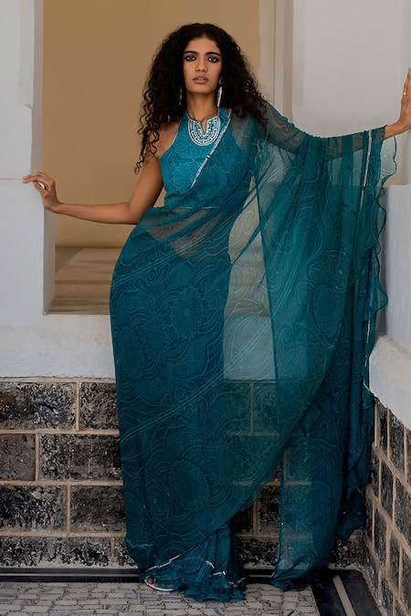 Blush Blue-Green Saree Set. – Shyam Narayan Prasad