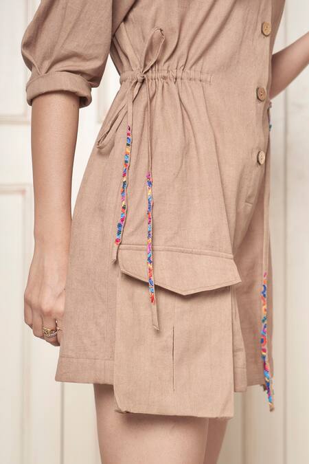 Shop Style Junkiie Beige Twill Collared Front Buttoned Solid Romper Online at Aza Fashions Shop_Style Junkiie_Beige Twill Collared Front Buttoned Solid Romper _Online_at_Aza_Fashions
