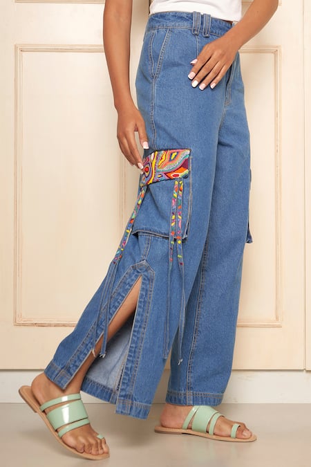 Style Junkiie Blue Denim Embroidery Pocket High-waisted Pant Online at Aza Fashions Style Junkiie_Blue Denim Embroidery Pocket High-waisted Pant _Online_at_Aza_Fashions