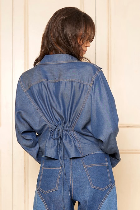 Shop Style Junkiie Blue Tencel Collared Solid Front Buttoned Shirt at Aza Fashions Shop_Style Junkiie_Blue Tencel Collared Solid Front Buttoned Shirt _at_Aza_Fashions