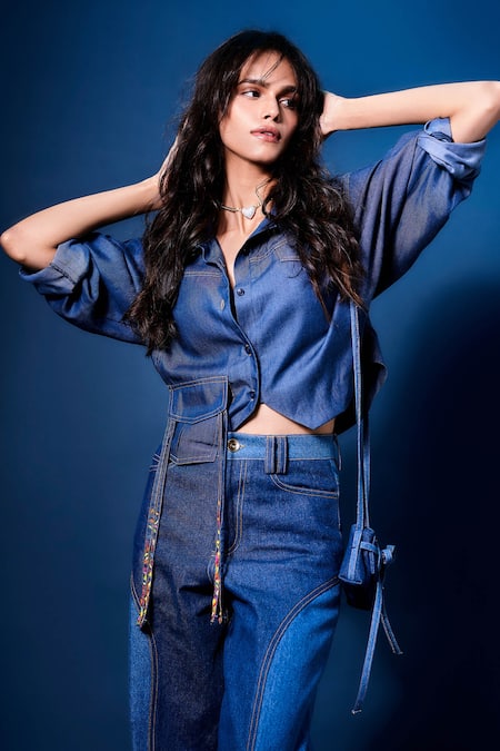 Style Junkiie Blue Tencel Collared Solid Front Buttoned Shirt Online at Aza Fashions Style Junkiie_Blue Tencel Collared Solid Front Buttoned Shirt _Online_at_Aza_Fashions