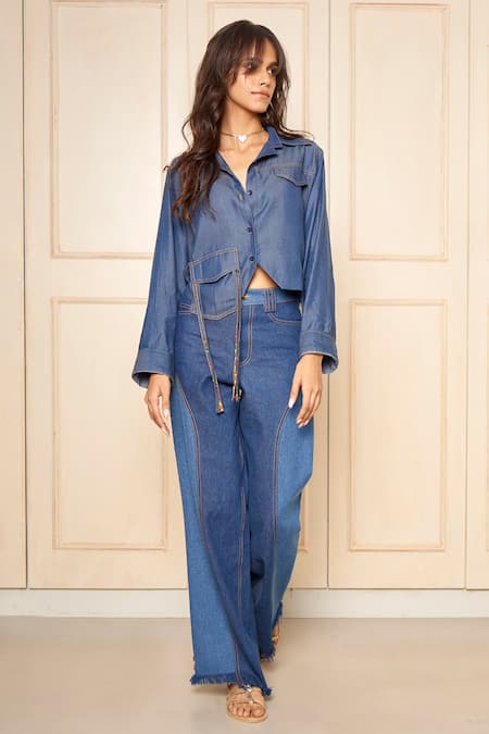 Buy Style Junkiie Blue Denim Solid High-waisted Pant Online at Aza Fashions Buy_Style Junkiie_Blue Denim Solid High-waisted Pant _Online_at_Aza_Fashions