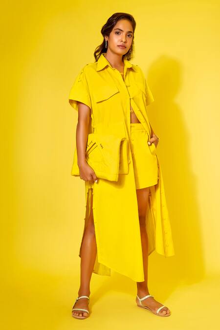 Style Junkiie Yellow Poplin Collared Front Buttoned Solid Shirt Online at Aza Fashions Style Junkiie_Yellow Poplin Collared Front Buttoned Solid Shirt _Online_at_Aza_Fashions