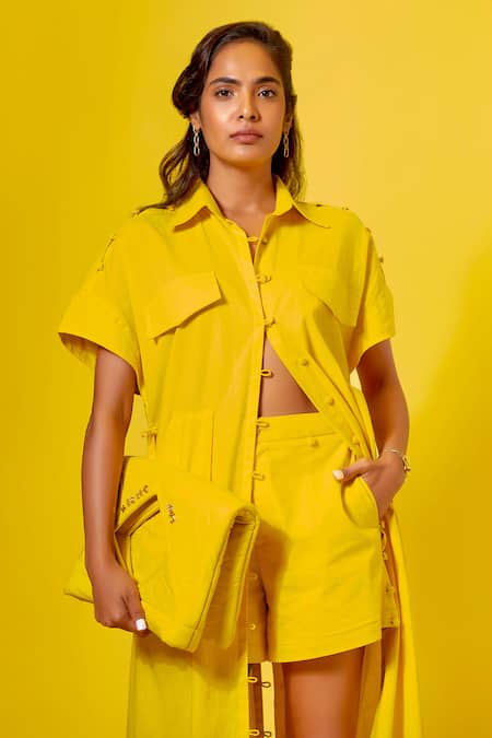 Shop Style Junkiie Yellow Poplin Collared Front Buttoned Solid Shirt Online at Aza Fashions Shop_Style Junkiie_Yellow Poplin Collared Front Buttoned Solid Shirt _Online_at_Aza_Fashions