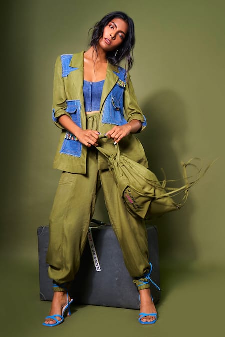 Style Junkiie Green Cotton, Twill Embroidery Collared Patched Panel Jacket 