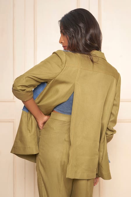 Shop Style Junkiie Green Cotton, Twill Embroidery Collared Patched Panel Jacket at Aza Fashions Shop_Style Junkiie_Green Cotton, Twill Embroidery Collared Patched Panel Jacket _at_Aza_Fashions