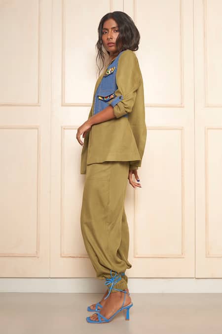 Style Junkiie Green Cotton, Twill Embroidery Collared Patched Panel Jacket Online at Aza Fashions Style Junkiie_Green Cotton, Twill Embroidery Collared Patched Panel Jacket _Online_at_Aza_Fashions