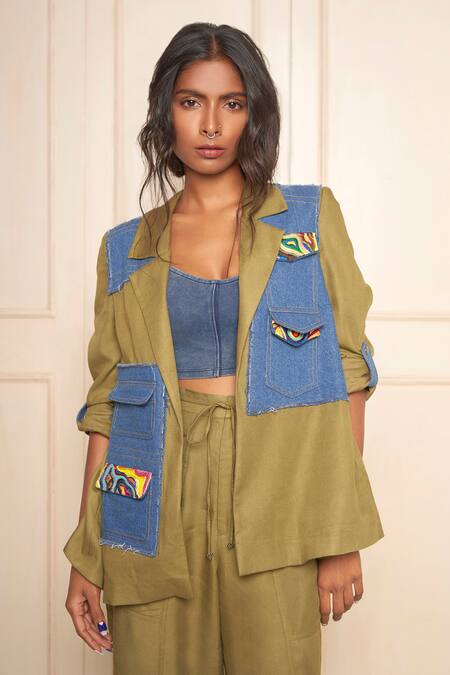 Buy Style Junkiie Green Cotton, Twill Embroidery Collared Patched Panel Jacket Online at Aza Fashions Buy_Style Junkiie_Green Cotton, Twill Embroidery Collared Patched Panel Jacket _Online_at_Aza_Fashions
