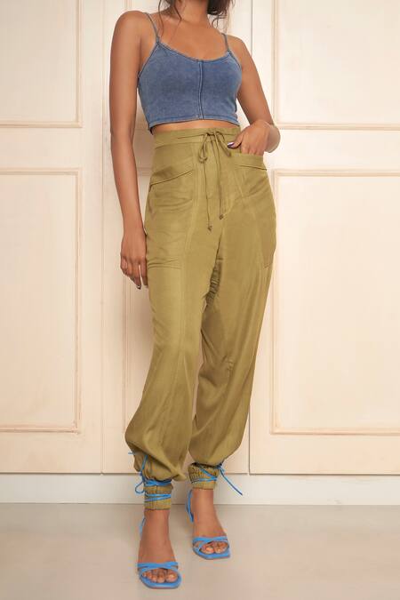 Style Junkiie_Green Cotton, Twill Beads Olive Jogger Pants _Online_at_Aza_Fashions