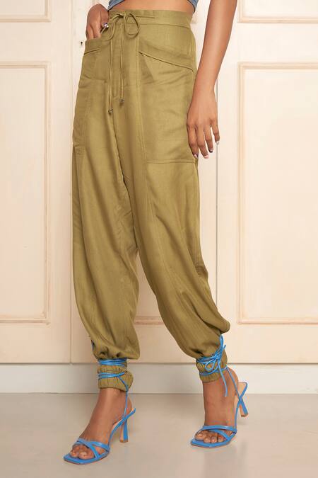 Buy_Style Junkiie_Green Cotton, Twill Beads Olive Jogger Pants _Online_at_Aza_Fashions