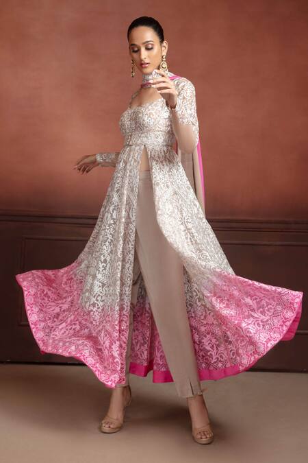 Neeta Lulla_Pink Organza, Georgette Sequins, Embroidery Scoop Rada Ombre Anarkali Blouse Set_Online_at_Aza_Fashions