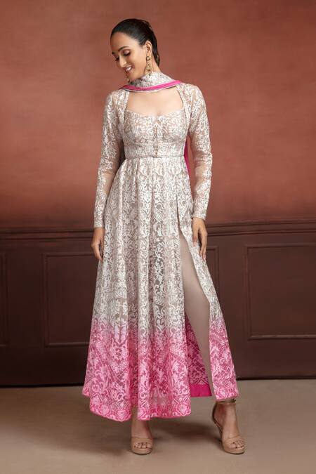Shop_Neeta Lulla_Pink Organza, Georgette Sequins, Embroidery Scoop Rada Ombre Anarkali Blouse Set_Online_at_Aza_Fashions