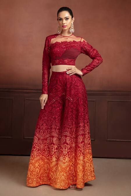 Neeta Lulla_Maroon Organza Resham Illusion Neck Ally Embroidered Flared Pant Set_Online_at_Aza_Fashions