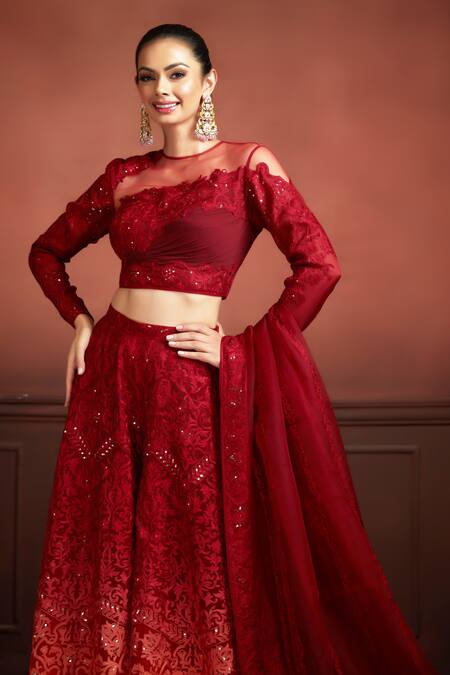 Buy_Neeta Lulla_Maroon Organza Resham Illusion Neck Ally Embroidered Flared Pant Set_Online_at_Aza_Fashions