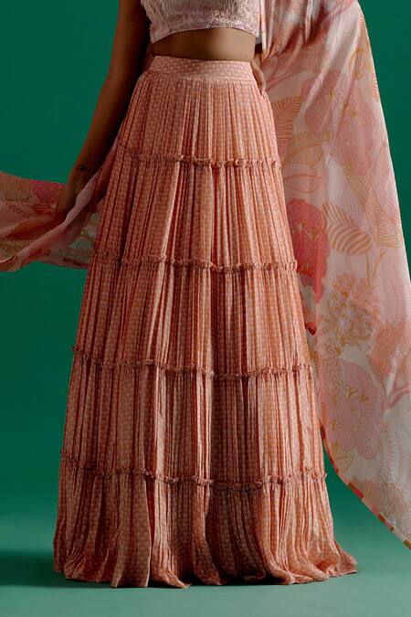 Sitaraa_Pink Crepe, Organza Sequins, Crystals, Anantara Tiered Scallop Print Lehenga Set_Online_at_Aza_Fashions