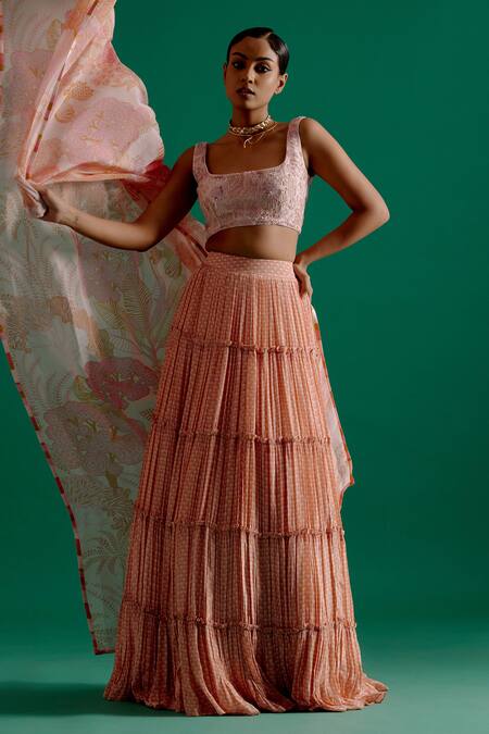 Buy_Sitaraa_Pink Crepe, Organza Sequins, Crystals, Anantara Tiered Scallop Print Lehenga Set_Online_at_Aza_Fashions