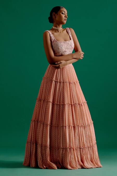 Shop_Sitaraa_Pink Crepe, Organza Sequins, Crystals, Anantara Tiered Scallop Print Lehenga Set_Online_at_Aza_Fashions