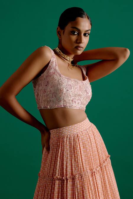 Sitaraa_Pink Crepe, Organza Sequins, Crystals, Anantara Tiered Scallop Print Lehenga Set_at_Aza_Fashions