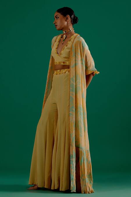 Sitaraa_Green Crepe Sequins Plunge Neck Rasa Foliage Print Cape Sharara Set_Online_at_Aza_Fashions