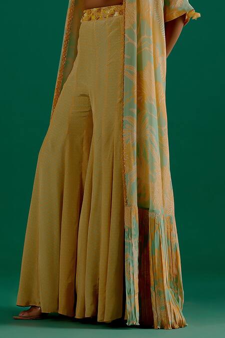 Buy_Sitaraa_Green Crepe Sequins Plunge Neck Rasa Foliage Print Cape Sharara Set_Online_at_Aza_Fashions