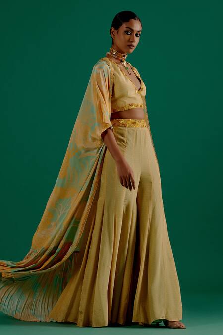 Shop_Sitaraa_Green Crepe Sequins Plunge Neck Rasa Foliage Print Cape Sharara Set_Online_at_Aza_Fashions