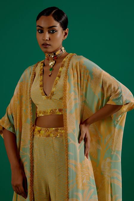 Sitaraa_Green Crepe Sequins Plunge Neck Rasa Foliage Print Cape Sharara Set_at_Aza_Fashions