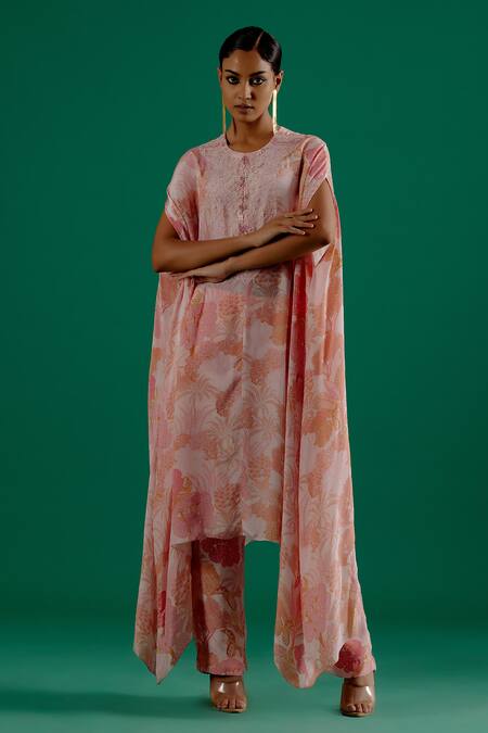 Sitaraa_Pink Organza, Crepe Pearls, Sequins Mahima Embroidered Bodice Kaftan With Pant_Online_at_Aza_Fashions