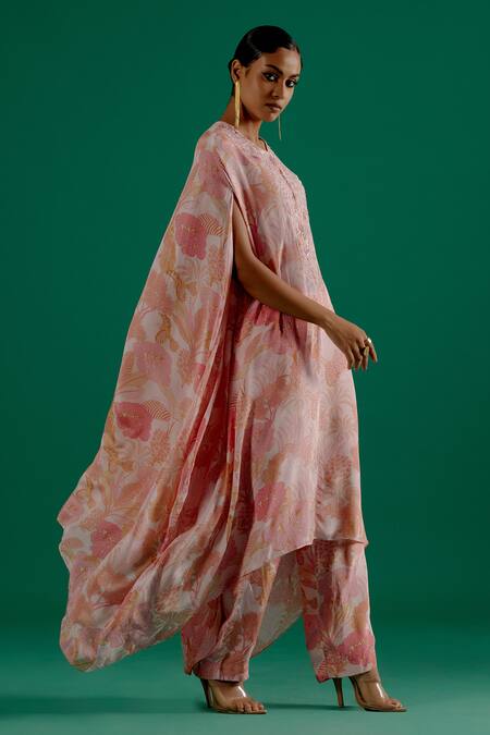 Shop_Sitaraa_Pink Organza, Crepe Pearls, Sequins Mahima Embroidered Bodice Kaftan With Pant_Online_at_Aza_Fashions
