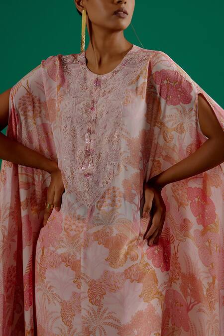 Sitaraa_Pink Organza, Crepe Pearls, Sequins Mahima Embroidered Bodice Kaftan With Pant_at_Aza_Fashions