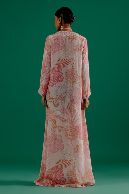 Shop Sitaraa Pink Crepe Pearls, Sequins Split V-neck Sara Embroidered Placket Kaftan at Aza Fashions Shop_Sitaraa_Pink Crepe Pearls, Sequins Split V-neck Sara Embroidered Placket Kaftan_at_Aza_Fashions