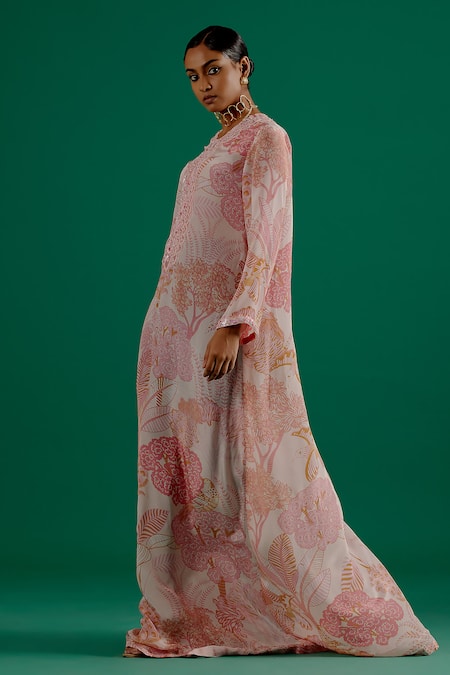 Sitaraa Pink Crepe Pearls, Sequins Split V-neck Sara Embroidered Placket Kaftan Online at Aza Fashions Sitaraa_Pink Crepe Pearls, Sequins Split V-neck Sara Embroidered Placket Kaftan_Online_at_Aza_Fashions
