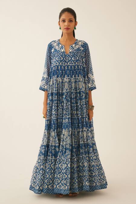 Kora Blue Cotton, Silk Sequins, Tassels, Beads, Floral Hand Block Print Anarkali Set Online at Aza Fashions Kora_Blue Cotton, Silk Sequins, Tassels, Beads, Floral Hand Block Print Anarkali Set _Online_at_Aza_Fashions