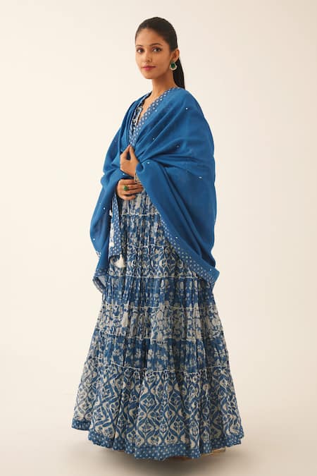 Shop Kora Blue Cotton, Silk Sequins, Tassels, Beads, Floral Hand Block Print Anarkali Set Online at Aza Fashions Shop_Kora_Blue Cotton, Silk Sequins, Tassels, Beads, Floral Hand Block Print Anarkali Set _Online_at_Aza_Fashions