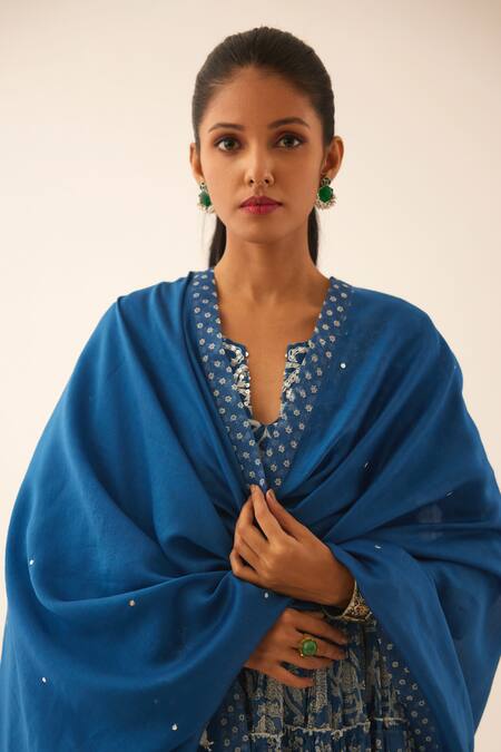 Kora Blue Cotton, Silk Sequins, Tassels, Beads, Floral Hand Block Print Anarkali Set at Aza Fashions Kora_Blue Cotton, Silk Sequins, Tassels, Beads, Floral Hand Block Print Anarkali Set _at_Aza_Fashions