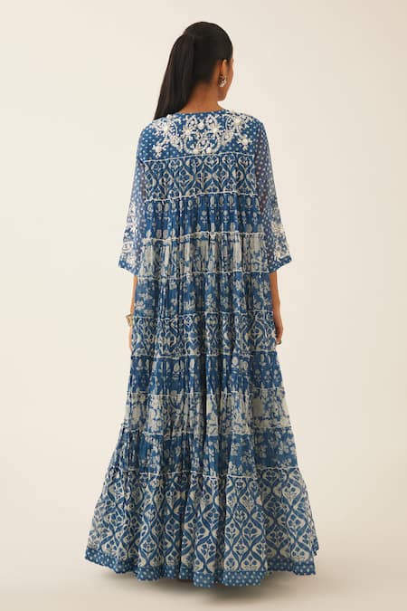 Shop Kora Blue Cotton, Silk Sequins, Tassels, Beads, Floral Hand Block Print Anarkali Set at Aza Fashions Shop_Kora_Blue Cotton, Silk Sequins, Tassels, Beads, Floral Hand Block Print Anarkali Set _at_Aza_Fashions