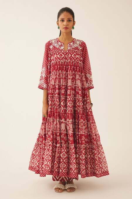 Kora Red Cotton, Silk Embroidery, Sequins, Botanical Hand Block Print Anarkali Set Online at Aza Fashions Kora_Red Cotton, Silk Embroidery, Sequins, Botanical Hand Block Print Anarkali Set _Online_at_Aza_Fashions