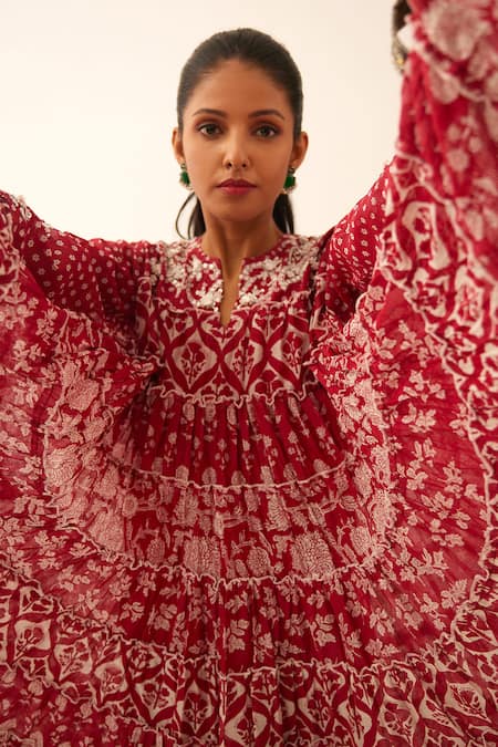 Buy Kora Red Cotton, Silk Embroidery, Sequins, Botanical Hand Block Print Anarkali Set Online at Aza Fashions Buy_Kora_Red Cotton, Silk Embroidery, Sequins, Botanical Hand Block Print Anarkali Set _Online_at_Aza_Fashions
