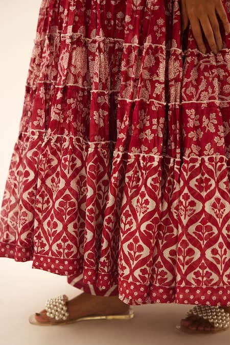 Shop Kora Red Cotton, Silk Embroidery, Sequins, Botanical Hand Block Print Anarkali Set Online at Aza Fashions Shop_Kora_Red Cotton, Silk Embroidery, Sequins, Botanical Hand Block Print Anarkali Set _Online_at_Aza_Fashions