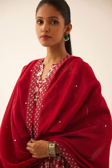 Buy Kora Red Cotton, Silk Embroidery, Sequins, Botanical Hand Block Print Anarkali Set Buy_Kora_Red Cotton, Silk Embroidery, Sequins, Botanical Hand Block Print Anarkali Set