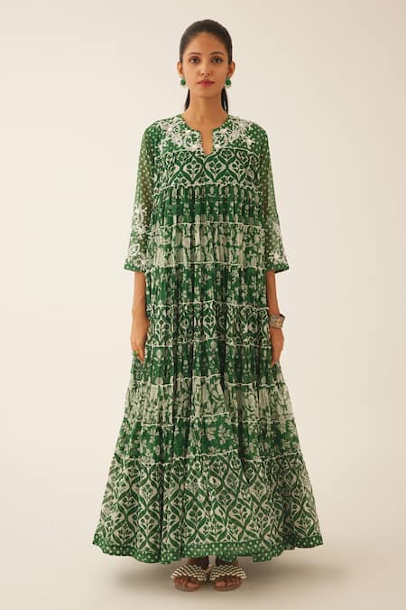 Kora Green Cotton, Silk, Chanderi Sequins, Floral Hand Block Printed Anarkali Set Online at Aza Fashions Kora_Green Cotton, Silk, Chanderi Sequins, Floral Hand Block Printed Anarkali Set _Online_at_Aza_Fashions