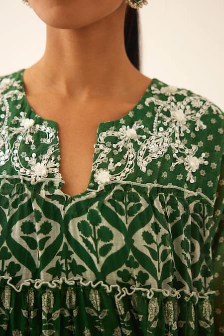 Shop Kora Green Cotton, Silk, Chanderi Sequins, Floral Hand Block Printed Anarkali Set Online at Aza Fashions Shop_Kora_Green Cotton, Silk, Chanderi Sequins, Floral Hand Block Printed Anarkali Set _Online_at_Aza_Fashions