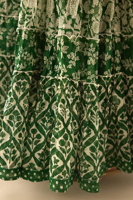 Kora Green Cotton, Silk, Chanderi Sequins, Floral Hand Block Printed Anarkali Set at Aza Fashions Kora_Green Cotton, Silk, Chanderi Sequins, Floral Hand Block Printed Anarkali Set _at_Aza_Fashions