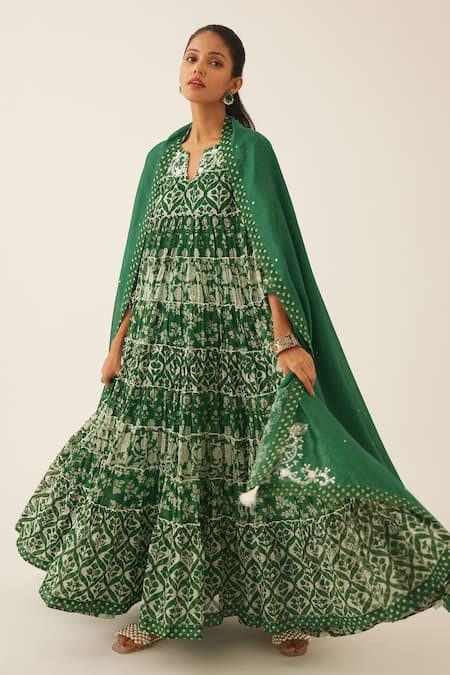 Buy Kora Green Cotton, Silk, Chanderi Sequins, Floral Hand Block Printed Anarkali Set Buy_Kora_Green Cotton, Silk, Chanderi Sequins, Floral Hand Block Printed Anarkali Set