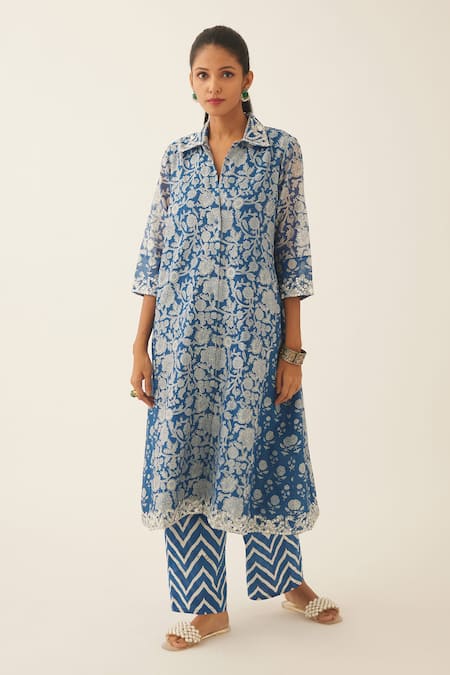 Kora Blue Silk, Chanderi, Cotton Sequins Shawl Hand Block Printed Kurta And Pant Set